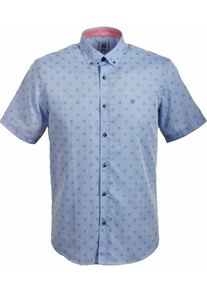 Erkek Mavi Kısa Kol Yazlık Gömlek Nokta Puan Desen Slim Fit Düğme Yaka Pamuk Ince Kumaş Jeans 7173 Shirt