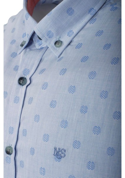 Erkek Mavi Kısa Kol Yazlık Gömlek Nokta Puan Desen Slim Fit Düğme Yaka Pamuk Ince Kumaş Jeans 7173 Shirt