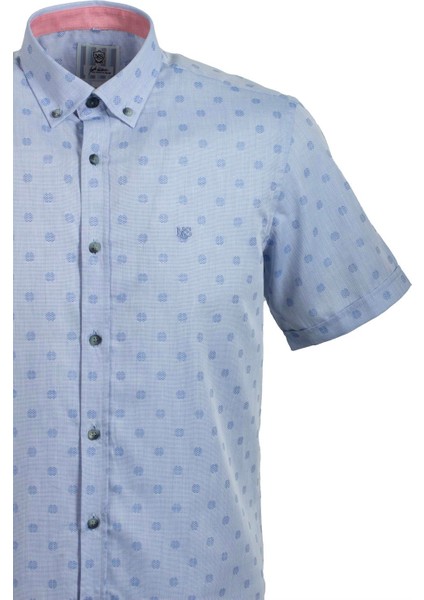 Erkek Mavi Kısa Kol Yazlık Gömlek Nokta Puan Desen Slim Fit Düğme Yaka Pamuk Ince Kumaş Jeans 7173 Shirt