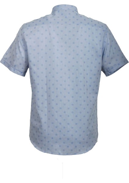Erkek Mavi Kısa Kol Yazlık Gömlek Nokta Puan Desen Slim Fit Düğme Yaka Pamuk Ince Kumaş Jeans 7173 Shirt