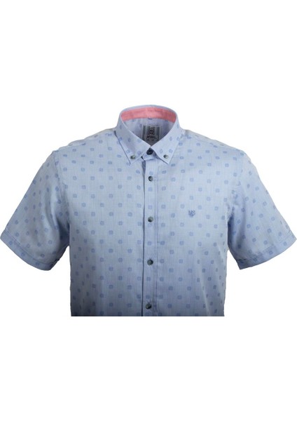 Erkek Mavi Kısa Kol Yazlık Gömlek Nokta Puan Desen Slim Fit Düğme Yaka Pamuk Ince Kumaş Jeans 7173 Shirt