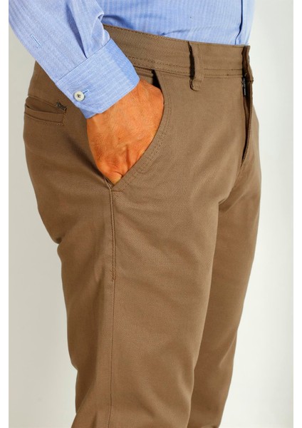 Erkek Camel Slim Fit Armürlü Chino Pantolon Ncs Jeans 2194