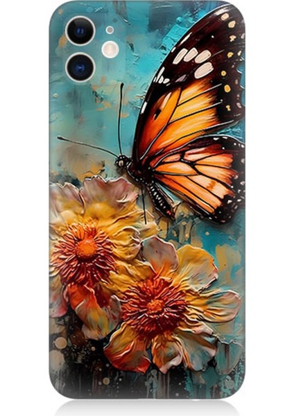 Apple iPhone 12 Uyumlu Silikon Kılıf Altın Kelebek ve Papatya
