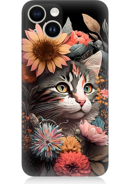 Apple iPhone 14 Uyumlu Silikon Kılıf Çiçekler ve Kül Gri Kedi