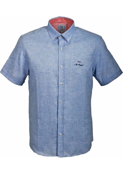 Erkek Mavi Kısa Kol Yazlık Gömlek Slim Fit Düğme Yaka Pamuklu Ince Kumaş Jeans 7174 Shirt