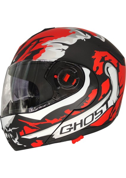 961 Ghost Güneş Vizörlü Çeneden Açılır Kask Siyah - Beyaz - Kırmızı