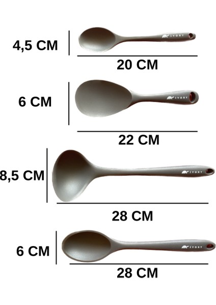 Sert Uçlu Isıya Dayanıklı Yanmaz Yapışmaz Silikon Kaşık Seti 4 Parça 28cm/22cm/20cm Kaşık 28cm Kepçe