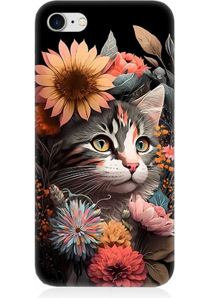 Apple iPhone 8 Uyumlu Silikon Kılıf Çiçekler ve Kül Gri Kedi