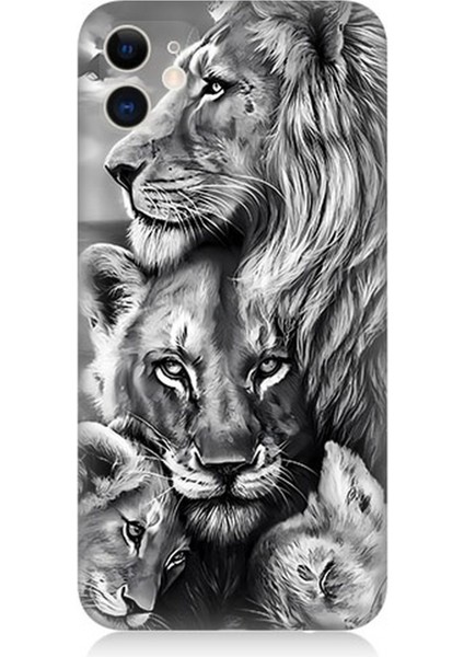 Apple iPhone 11 Uyumlu Silikon Kılıf Siyah Beyaz Aslan Ailesi