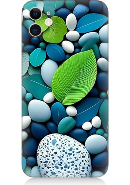 Apple iPhone 12 Uyumlu Silikon Kılıf Mavi Turkuaz Taşlar ve Yeşil Yaprak
