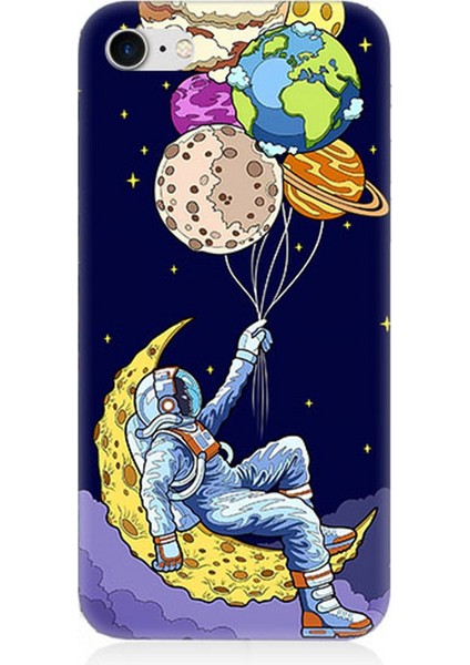 Apple iPhone 7 Uyumlu Silikon Kılıf Astranot ve Gezegen Balonlar