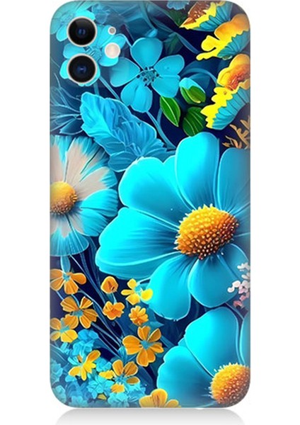 Apple iPhone 11 Uyumlu Silikon Kılıf Mavi Sarı Çiçekler