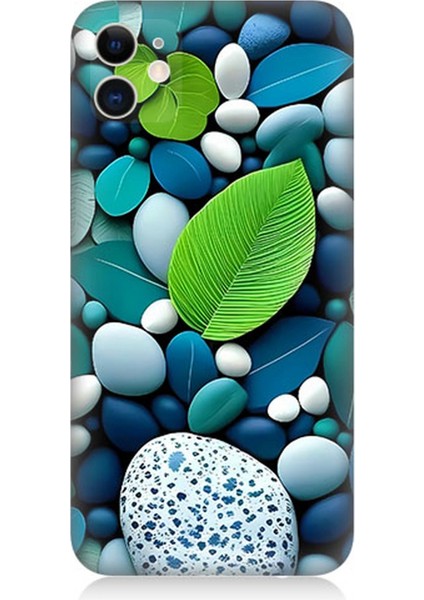Apple iPhone 11 Uyumlu Silikon Kılıf Mavi Turkuaz Taşlar ve Yeşil Yaprak