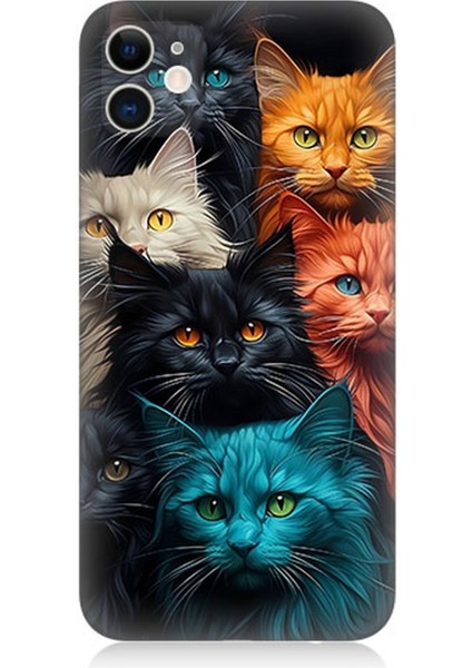 Apple iPhone 12 Uyumlu Silikon Kılıf Renkli Sevimli Kedi Yüzleri