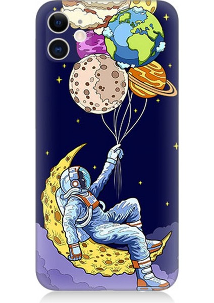 Apple iPhone 12 Uyumlu Silikon Kılıf Astranot ve Gezegen Balonlar
