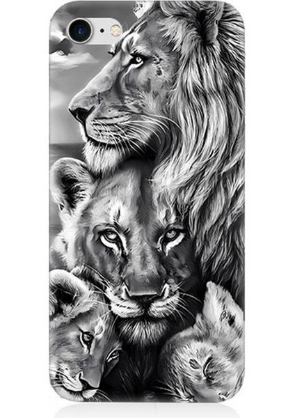 Apple iPhone 8 Uyumlu Silikon Kılıf Siyah Beyaz Aslan Ailesi