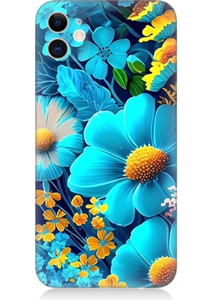 Apple iPhone 12 Uyumlu Silikon Kılıf Mavi Sarı Çiçekler