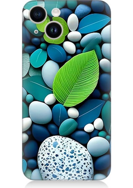 Apple iPhone 13 Uyumlu Silikon Kılıf Mavi Turkuaz Taşlar ve Yeşil Yaprak
