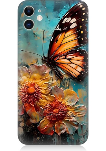 Apple iPhone 11 Uyumlu Silikon Kılıf Altın Kelebek ve Papatya
