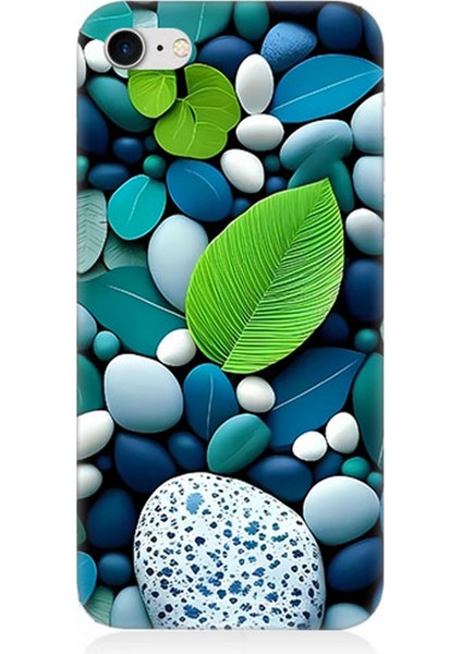 Apple iPhone 8 Uyumlu Silikon Kılıf Mavi Turkuaz Taşlar ve Yeşil Yaprak