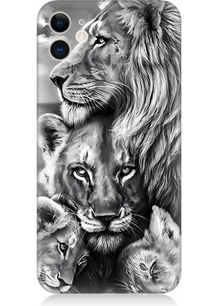 Apple iPhone 12 Uyumlu Silikon Kılıf Siyah Beyaz Aslan Ailesi