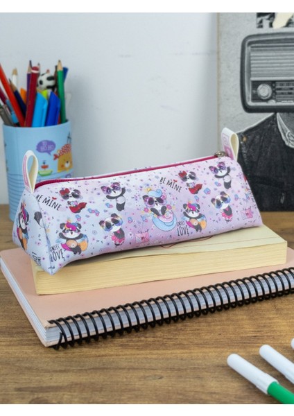 Kalem Kutusu Sevimli Pandalar Üçgen Tasarım Vegan Deri (Kalemlik ve Makyaj Çantası)