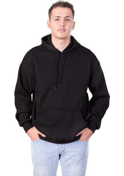 Erkek Oversize 3 Iplik Şardonu Siyah Sweatshirt