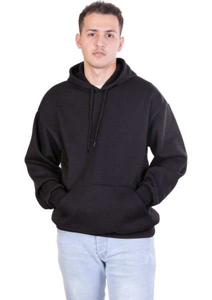 Erkek Oversize 3 Iplik Şardonu Siyah Sweatshirt