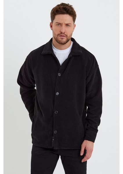 Erkek Siyah Oversize Fit Gömlek Yaka Tüylenme Yapmayan Kışlık Rahat Polar Gömlek RF0312 fırsatları