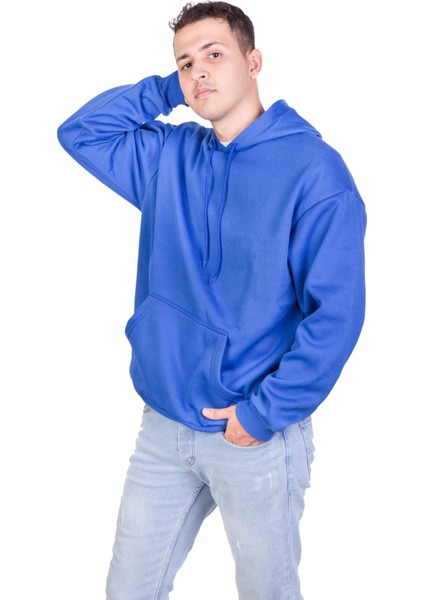 Oversize 3 Iplik Şardonlu Saks Mavisi Sweatshirt