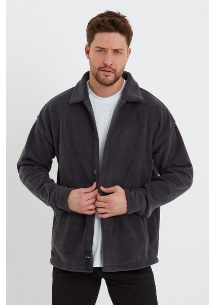 Erkek Antrasit Oversize Fit Gömlek Yaka Tüylenme Yapmayan Kışlık Rahat Polar Gömlek RF0312