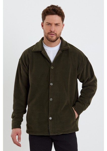 Erkek Haki Oversize Fit Gömlek Yaka Tüylenme Yapmayan Kışlık Rahat Polar Gömlek RF0312