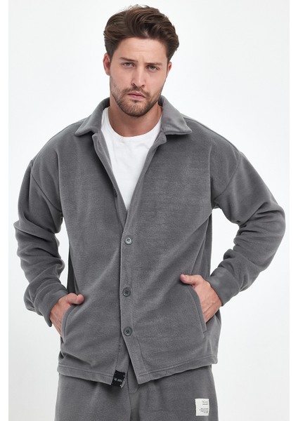 Erkek Ice Gri Oversize Fit Gömlek Yaka Tüylenme Yapmayan Kışlık Rahat Polar Gömlek RF0312