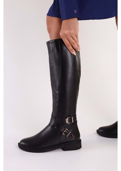 Kadın Steele Siyah Cilt Tokalı Düz Topuklu Çizme