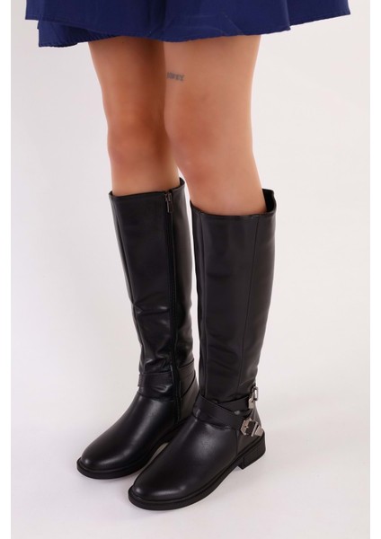 Kadın Steele Siyah Cilt Tokalı Düz Topuklu Çizme fiyatları