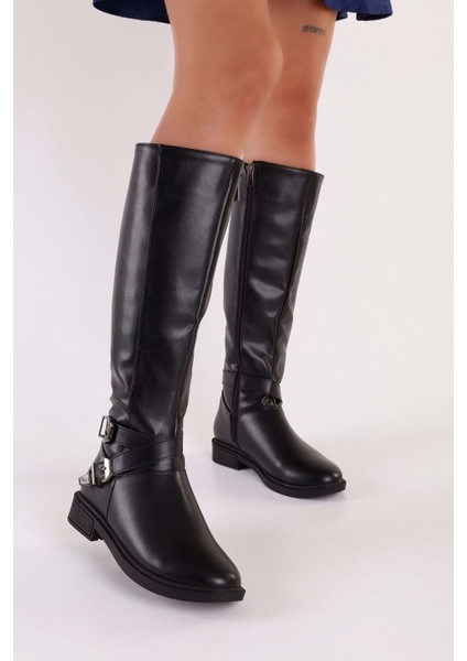 Kadın Steele Siyah Cilt Tokalı Düz Topuklu Çizme modelleri