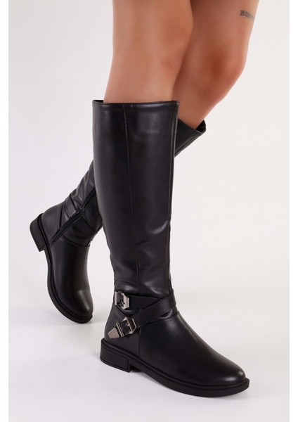 Kadın Steele Siyah Cilt Tokalı Düz Topuklu Çizme fırsatları