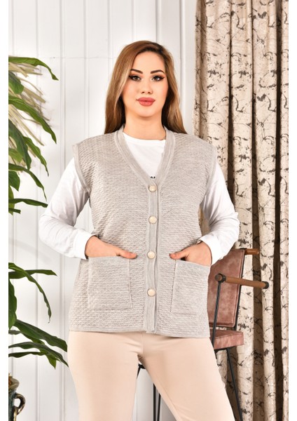 restinatriko Kadın Düğmeli Triko Anne Yeleği Büyük Beden Cepli Rahat Kesim (hediyeli ürün)