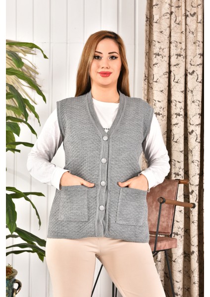 bayan triko yelek gri Renk Kolsuz Cepli Triko Anne Yeleği