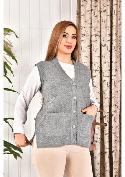 bayan triko yelek gri Renk Kolsuz Cepli Triko Anne Yeleği modelleri