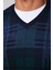 Slim Fit V Yaka Kareli Lacivert Erkek Kazak 4