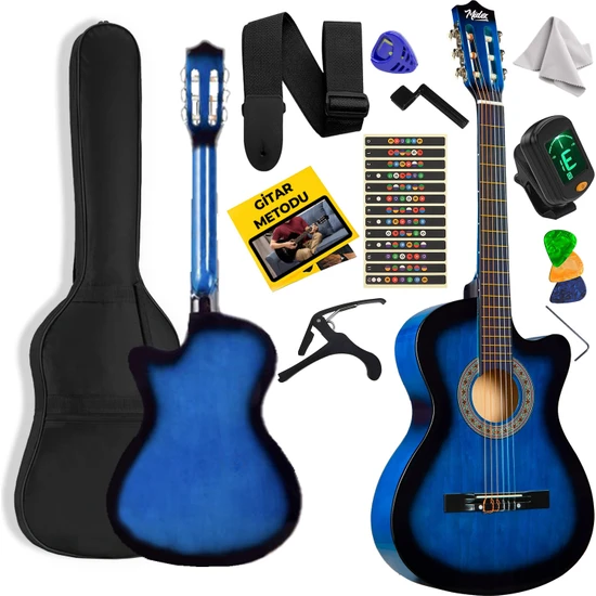 Midex CG-395BL Mavi Renk Kesik Klasik Gitar 4/4 Yetişkin Boy Sap Ayarlı Full Set