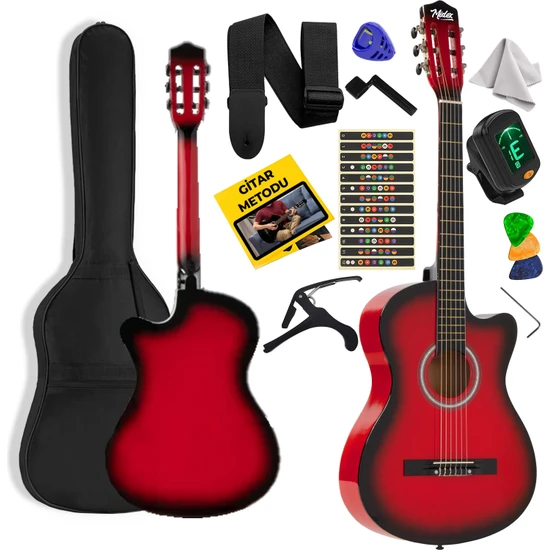 Midex CG-395RD Kırmızı Renk Kesik Klasik Gitar 4/4 Yetişkin Boy Sap Ayarlı Full Set