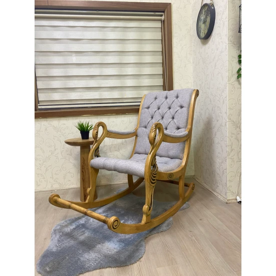 Asedia Vintage Kuğu Naturel Taş Rengi El Oyması Ahşap Sallanan Sandalye Dinlenme Koltuğu Berjer