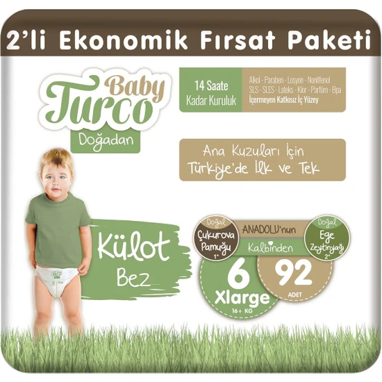 Baby Turco Doğadan 2'li Ekonomik Fırsat Paketi Külot Bez 6 Numara Xlarge 92 Adet