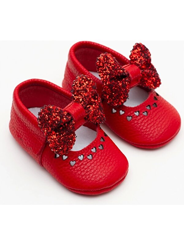 Defneli Bebe Deri Kırmızı Fiyonklu Patik Makosen Kız Bebek Ayakkabısı