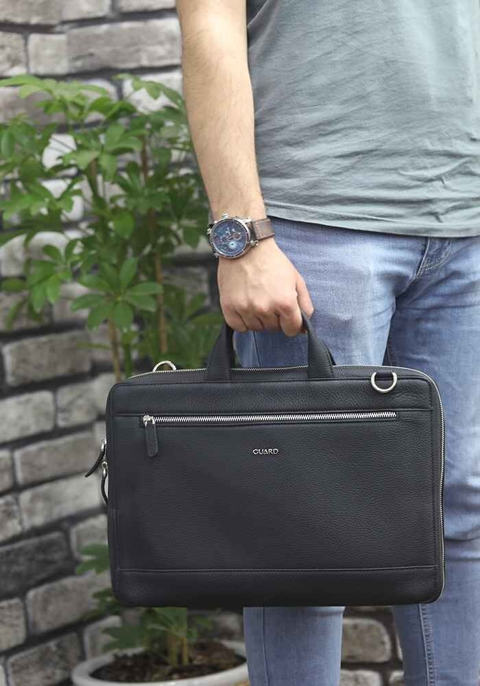 Guard Siyah Hakiki Deri Özel Üretim Laptop ve Evrak Çantası Erkek / Kadın P1796 görsel 2