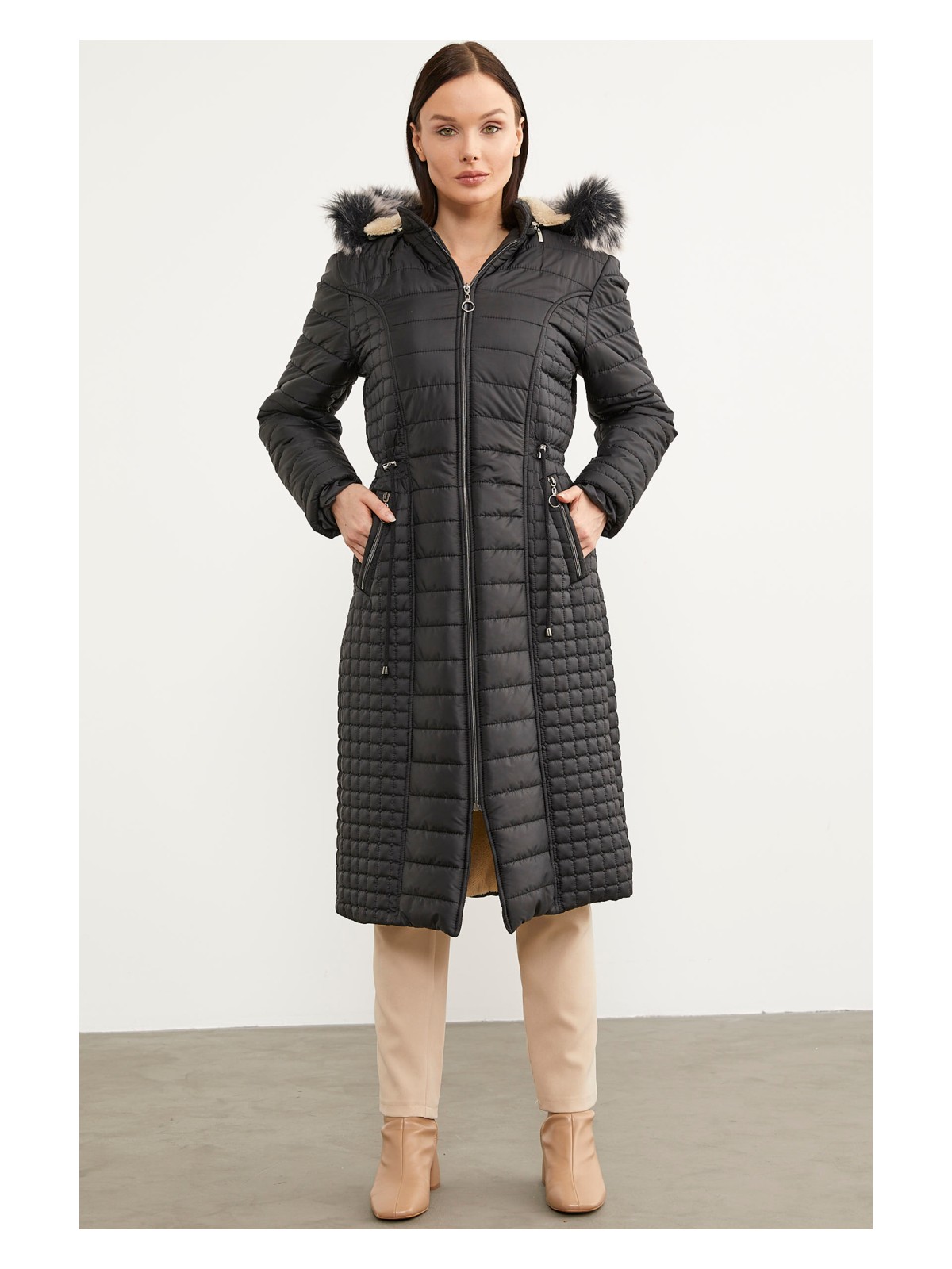 Sementa Suni Kürk Kapüşonlu Fermuarlı Uzun Kaban - Siyah