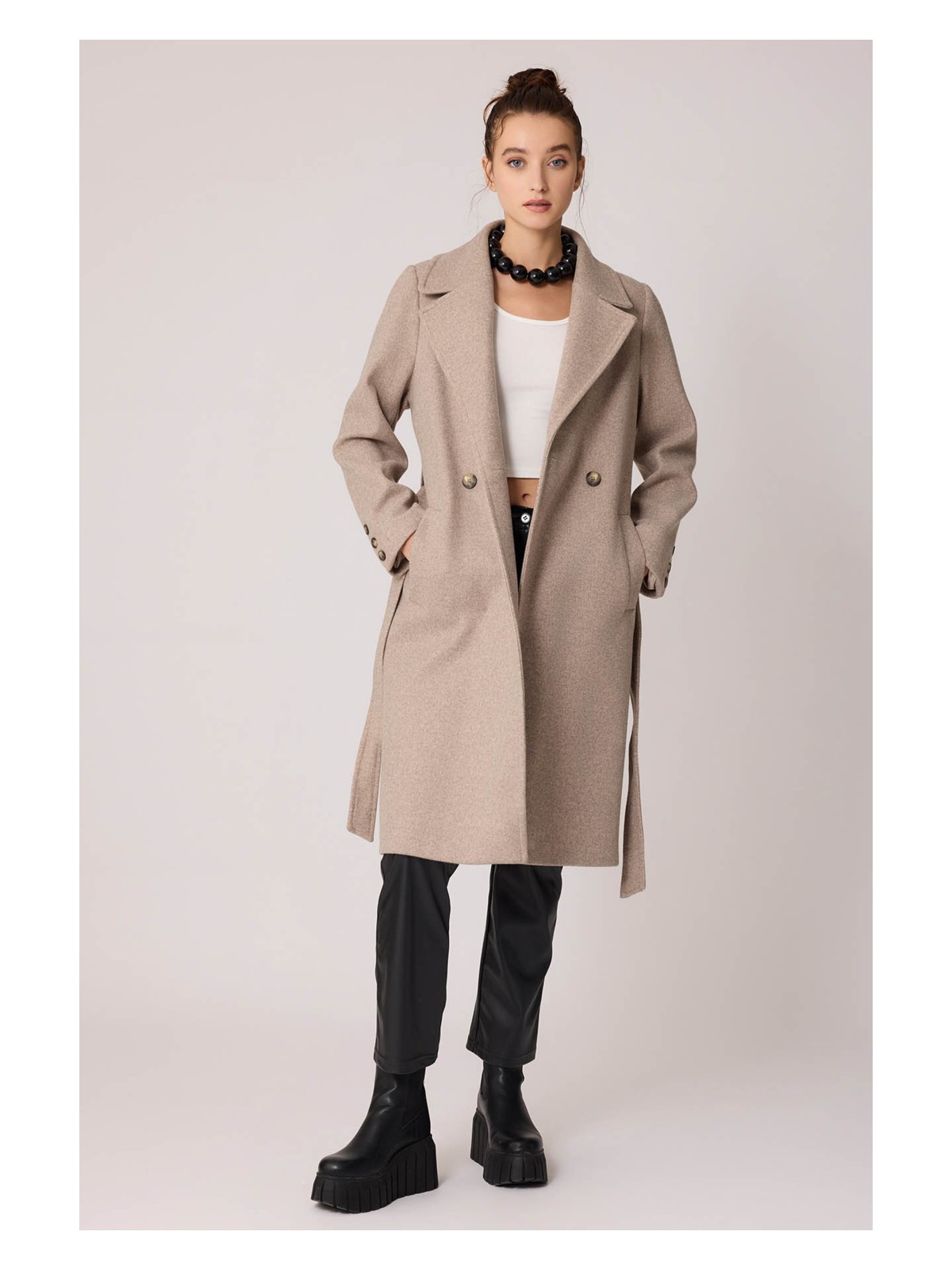 Vitrin Önden Düğmeli Beli Kuşaklı Uzun Kaşe Kaban