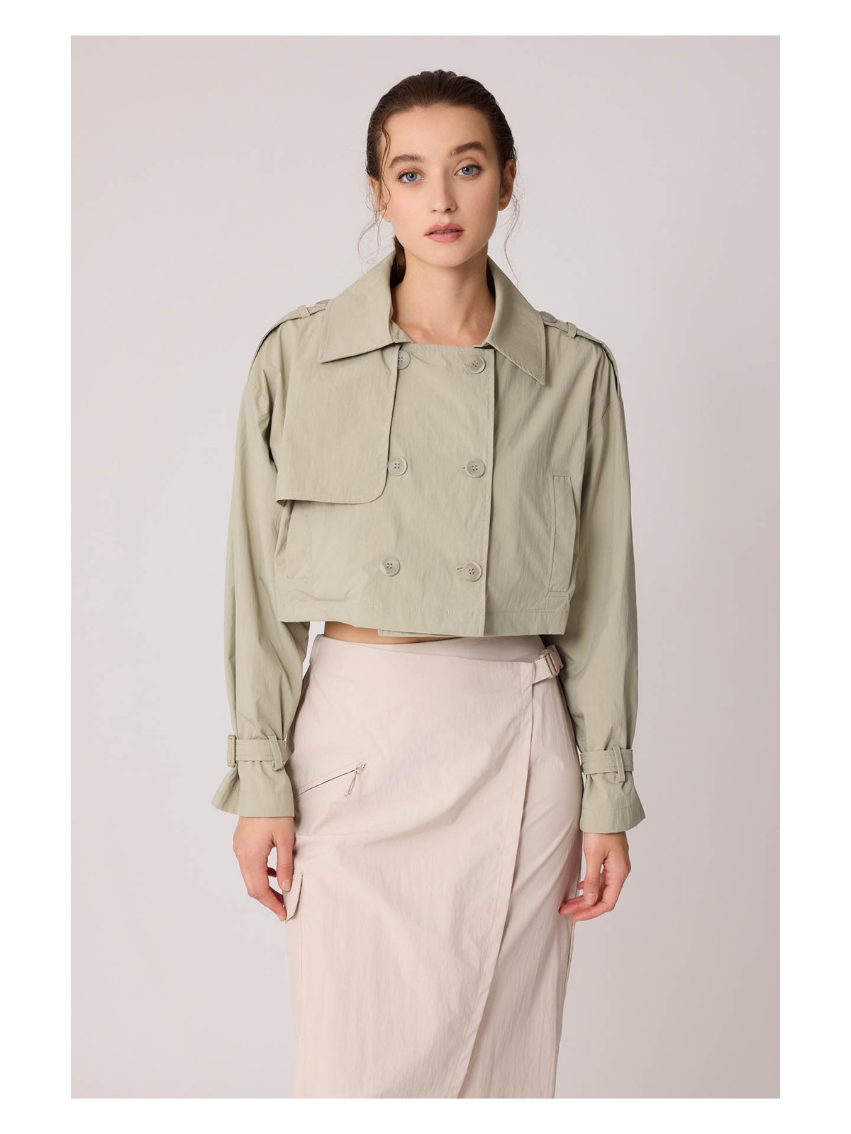 Vitrin Astarlı Önü Düğmeli Crop Trençkot